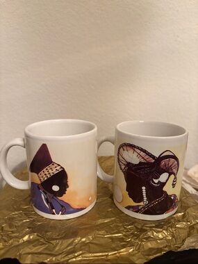 Vintage Ceramic Mugs with African Art Portraits - Set of 2